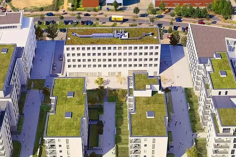 Das Quartier BUWOG Schönefeld von oben aus der Luft fotografiert