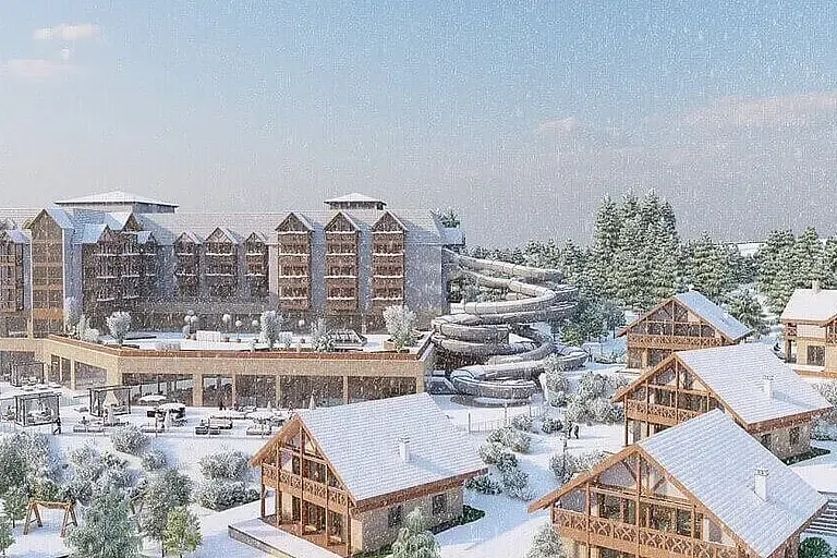 Familux Resort Hotelgebäude skizziert im Schnee