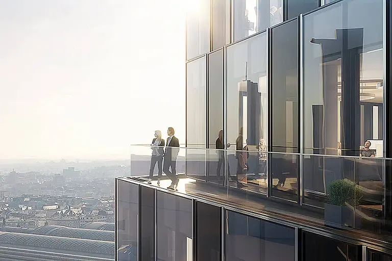 Luftaufnahme der Glas- und Metallfassade des Spin Towers in Frankfurt