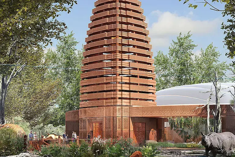 Skizze des 25 Meter hohen Turms der Nashorn-Pagode im Zoo Berlin